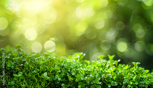 green leaves and grass over bokeh blur nature background
