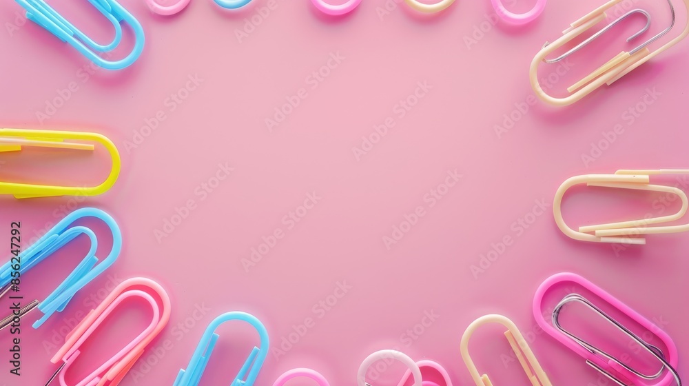 Pastel paper clips arranged in circle on pink backdrop Back to school theme with room for text Pastel paper clips arranged in circle on pink backdrop Back to school theme with room for text
