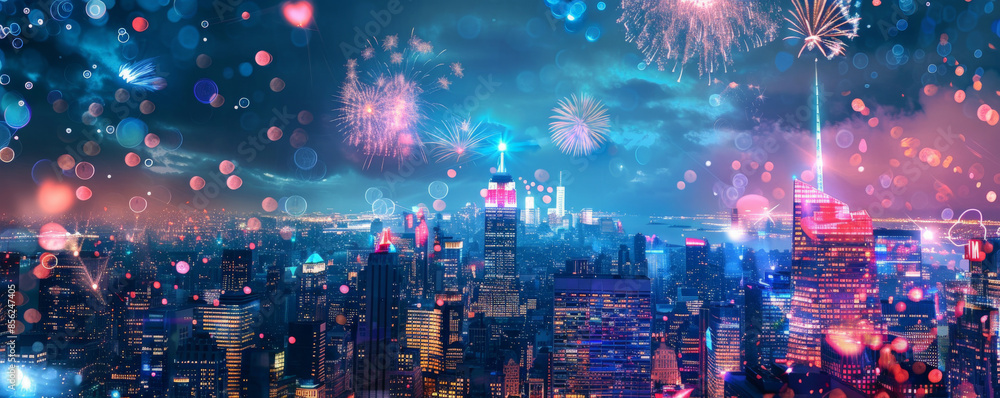 Independence Day USA background with a vibrant cityscape illuminated by fireworks and patriotic lights. Independence Day USA background with a vibrant cityscape illuminated by fireworks and patriotic lights.