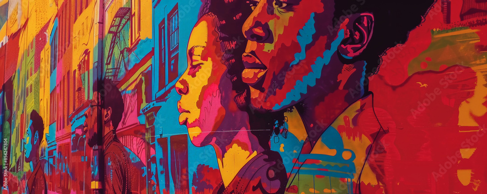 Obraz premium Juneteenth background featuring an artistic mural with vibrant colors, depictions of African American history and culture, set against a backdrop of an urban street.