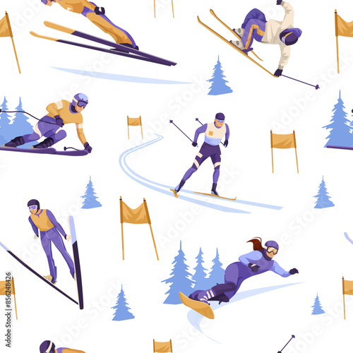 Various winter sports characters skiing and snowboarding, cartoon style, on white background. Vector illustration