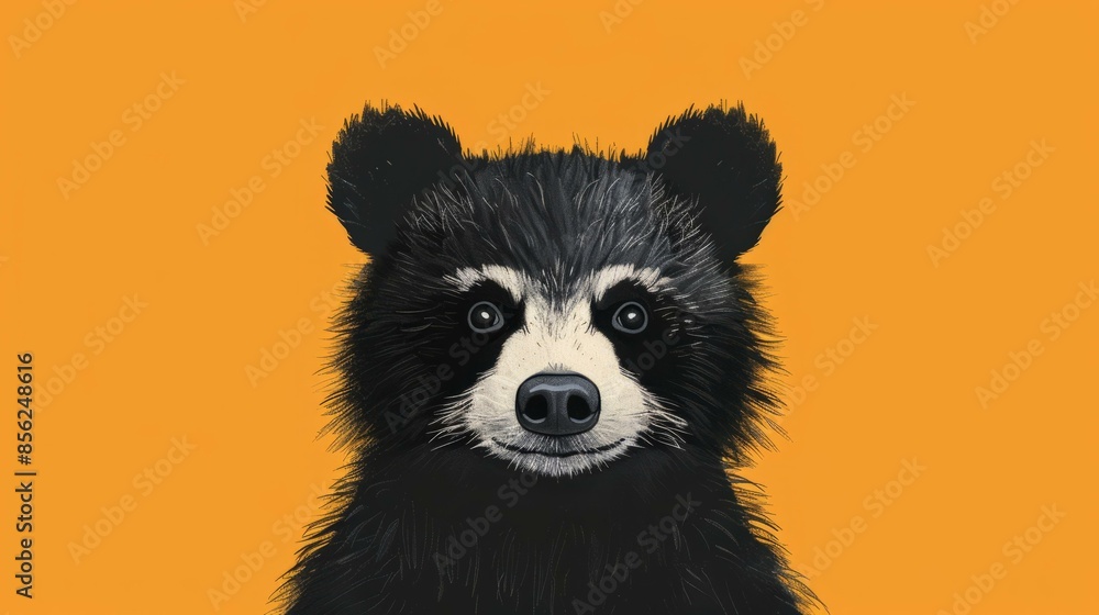 Fototapeta premium Black raccoon on orange background. A black raccoon with a simple orange background, highlighting its features.