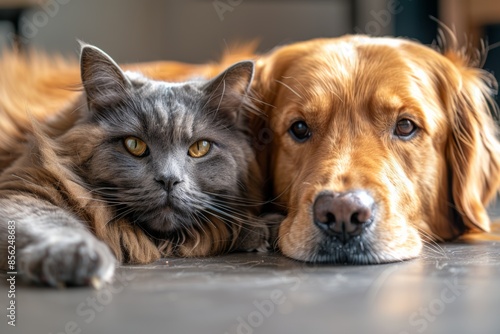 Portrait of a British Shorthair cat and Golden Retriever dog lying on the floor at home, cute pets with copy space for text © anatolii