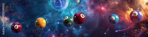 Billiard balls in triangle in space, fantastic futuristic concept photo