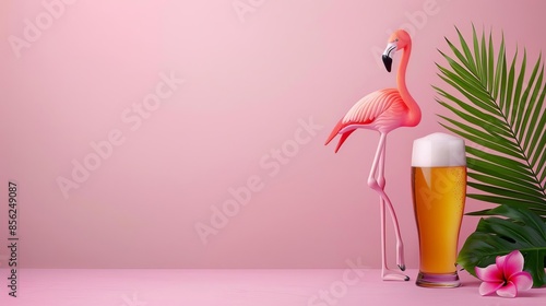 Pink flamingo, beer, palm leaves and flower on pink background.