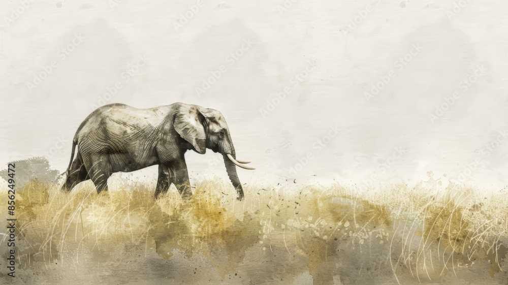 Fototapeta premium Watercolor Illustration of an Elephant in a Calm Landscape. Soft Hues and Peaceful Vibes.