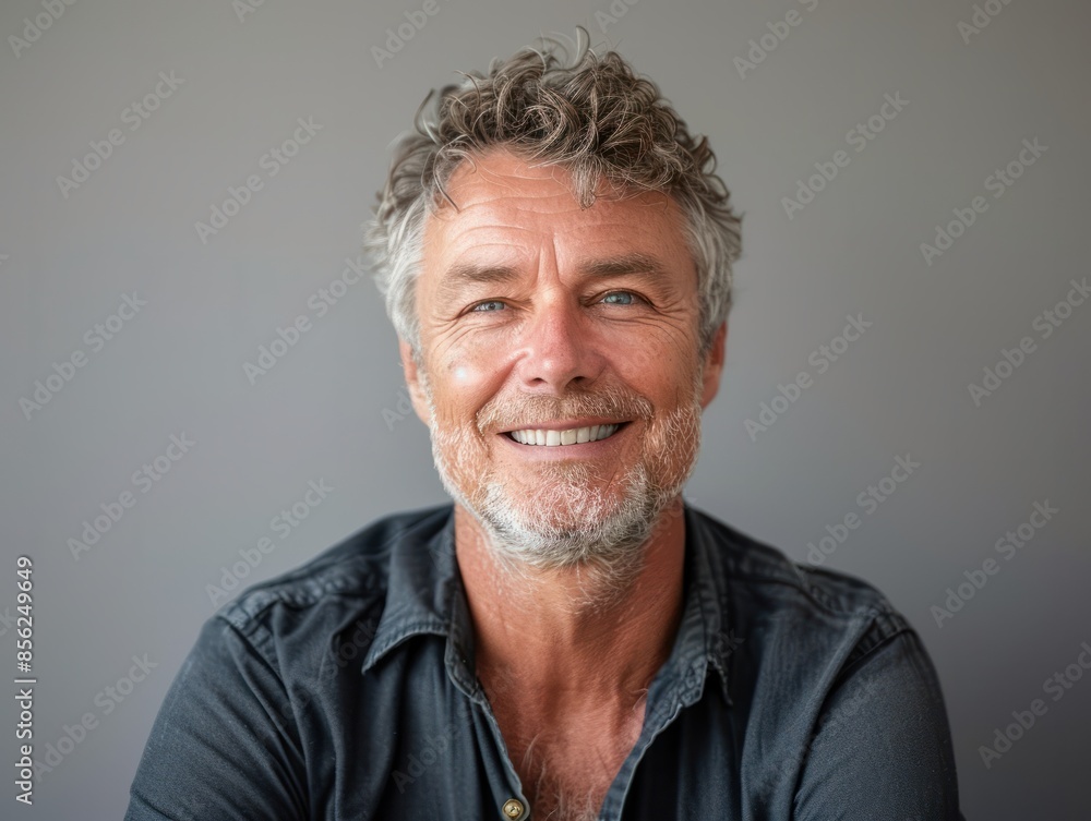 Portrait of a cheerful man in his 50s smiling at the camera isolated on minimalist or empty room background Portrait of a cheerful man in his 50s smiling at the camera isolated on minimalist or empty room background