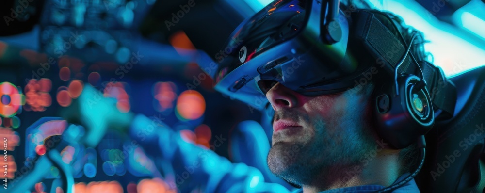 Man is using virtual reality to simulate airplane driving experience, driving license concept banner. Generative AI. Man is using virtual reality to simulate airplane driving experience, driving license concept banner. Generative AI.