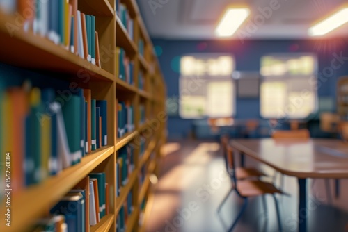 Blurred college library. Bookshelves and classroom in blurry focus