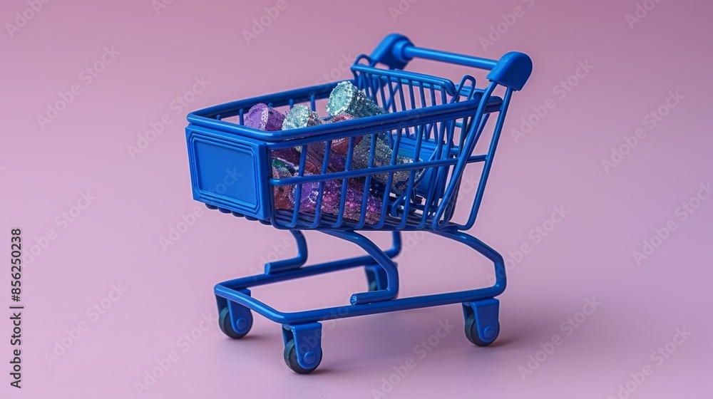 Close-up shot of a shopping cart packed with art supplies and craft materials, isolated on a vibrant purple background, showcasing Close-up shot of a shopping cart packed with art supplies and craft materials, isolated on a vibrant purple background, showcasing
