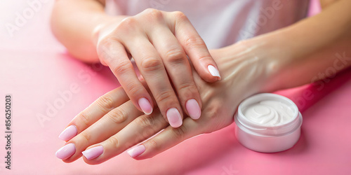 Hands with pink nails and hand cream on pink background