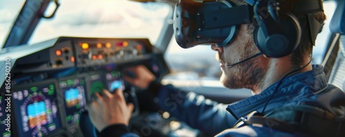 Man is using virtual reality to simulate airplane driving experience, driving license concept banner. Generative AI.