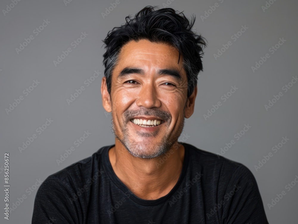 Portrait of a happy asian man in his 40s smiling at the camera isolated on minimalist or empty room background Portrait of a happy asian man in his 40s smiling at the camera isolated on minimalist or empty room background