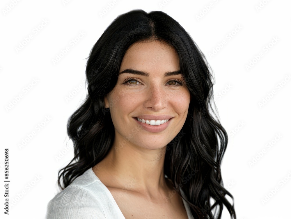 Portrait of a pretty smiling woman with black hair isolated on white background as transparent PNG Portrait of a pretty smiling woman with black hair isolated on white background as transparent PNG