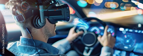 Man is using virtual reality to simulate car driving experience, driving license concept banner. Generative AI.