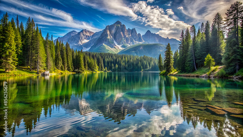 Amazing landscape of mountain lake and tall trees. Water ripples on lake.