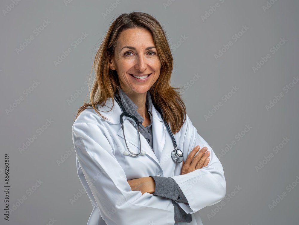 Profile photo of attractive family doc lady patients consultation friendly smiling reliable virology clinic arms crossed wear white lab coat stethoscope isolated grey color background. Profile photo of attractive family doc lady patients consultation friendly smiling reliable virology clinic arms crossed wear white lab coat stethoscope isolated grey color background.