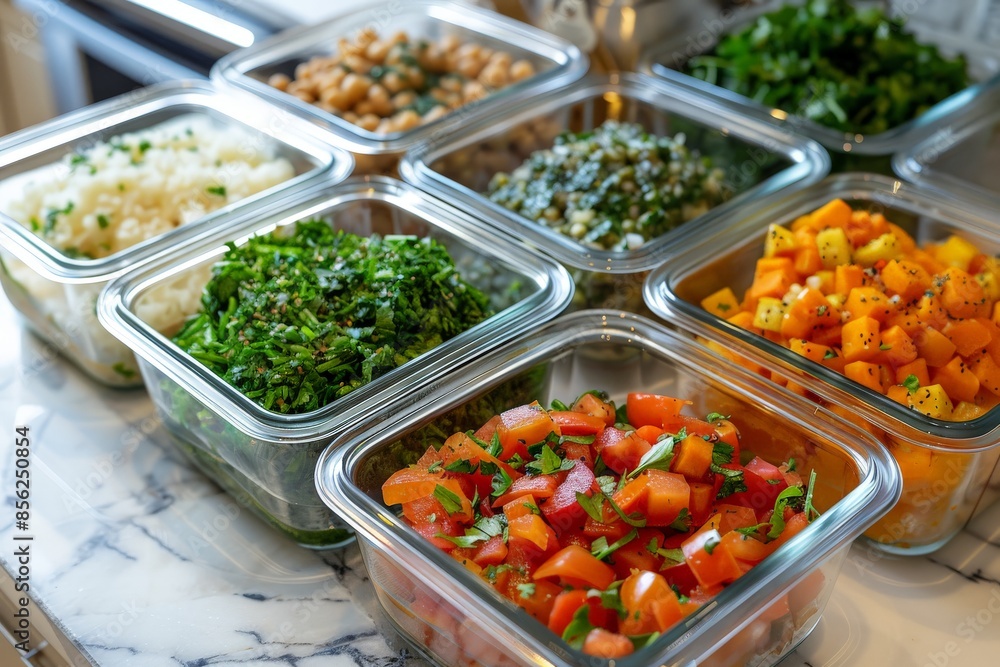 Assorted fresh vegetables in glass containers Assorted fresh vegetables in glass containers