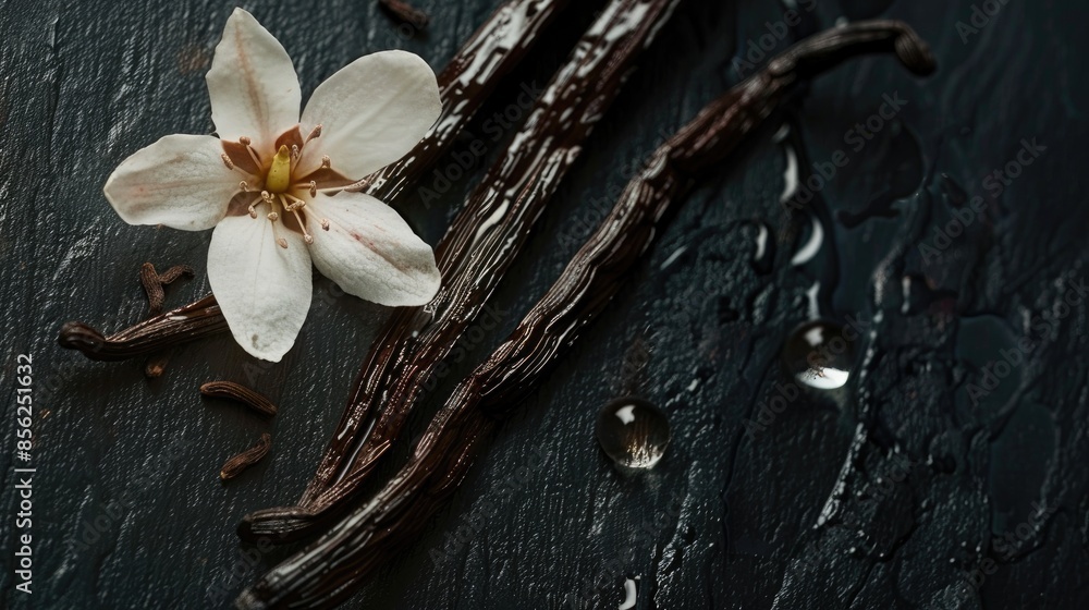 Close up image of vanilla extract pods and flower on dark surface Close up image of vanilla extract pods and flower on dark surface