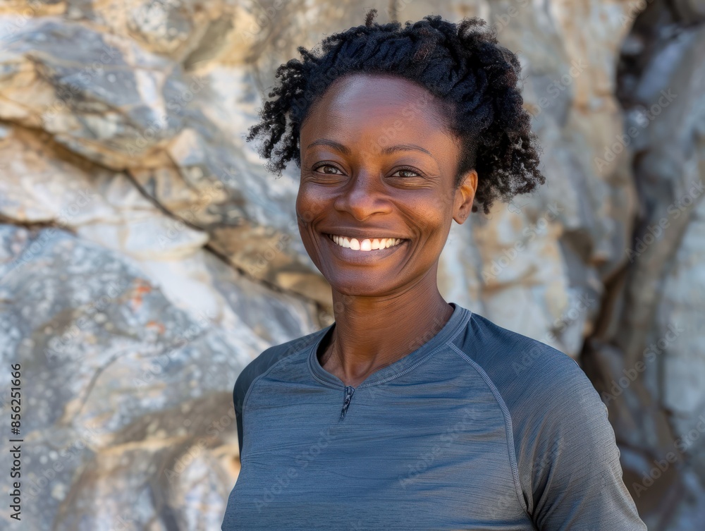 Portrait of a smiling afro-american woman in her 30s wearing a moisture-wicking running shirt isolated in rocky cliff background Portrait of a smiling afro-american woman in her 30s wearing a moisture-wicking running shirt isolated in rocky cliff background