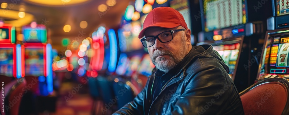A middle-aged man in a cap and glasses sits casually in a lively casino full of slot machines A middle-aged man in a cap and glasses sits casually in a lively casino full of slot machines