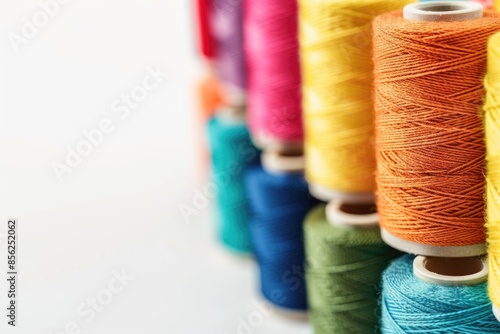 Colorful thread spools on white background with green focus. photo