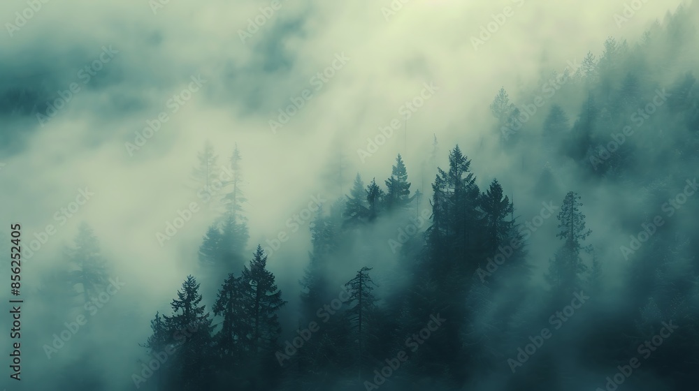 A Serene Landscape Shrouded in Thick Dense Fog, Creating a Mysterious and Tranquil Atmosphere in Nature A Serene Landscape Shrouded in Thick Dense Fog, Creating a Mysterious and Tranquil Atmosphere in Nature