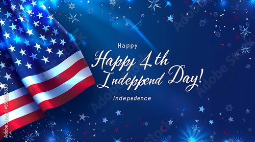 A bright aqua background, "Happy 4th Of July Independence Day" in dark blue bold font, and a traditional U.S. flag; 32k UHD