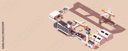 Isometric illustration of an airport with planes and surrounding buildings on a beige background, concept of aviation logistics. Vector illustration