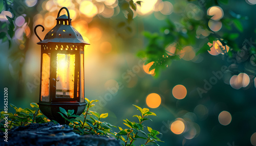 vintage latern on evening bokeh nature background photo