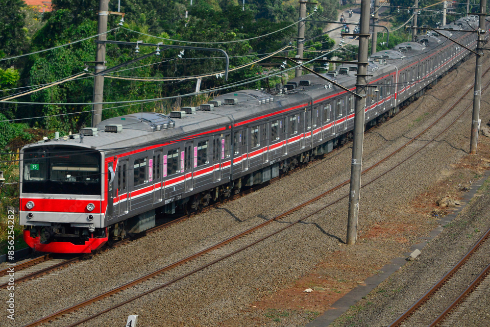 Naklejka premium View of a passenger train moving in a rural or hilly area