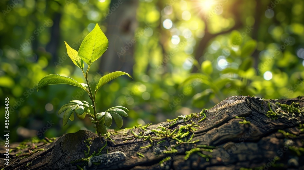 Young plant growing on a mossy log in a sunlit forest Young plant growing on a mossy log in a sunlit forest