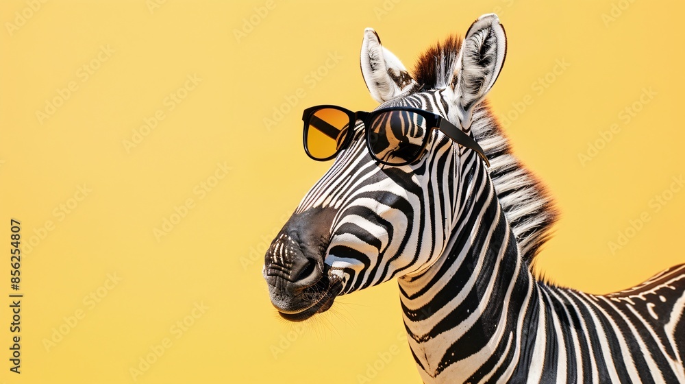 A zebra with sunglasses on its head and a yellow background A zebra with sunglasses on its head and a yellow background