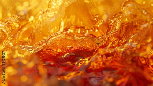 Abstract backdrop with a liquid golden splash effect and drinks. Oil, tea, rum, cognac, and whisky.