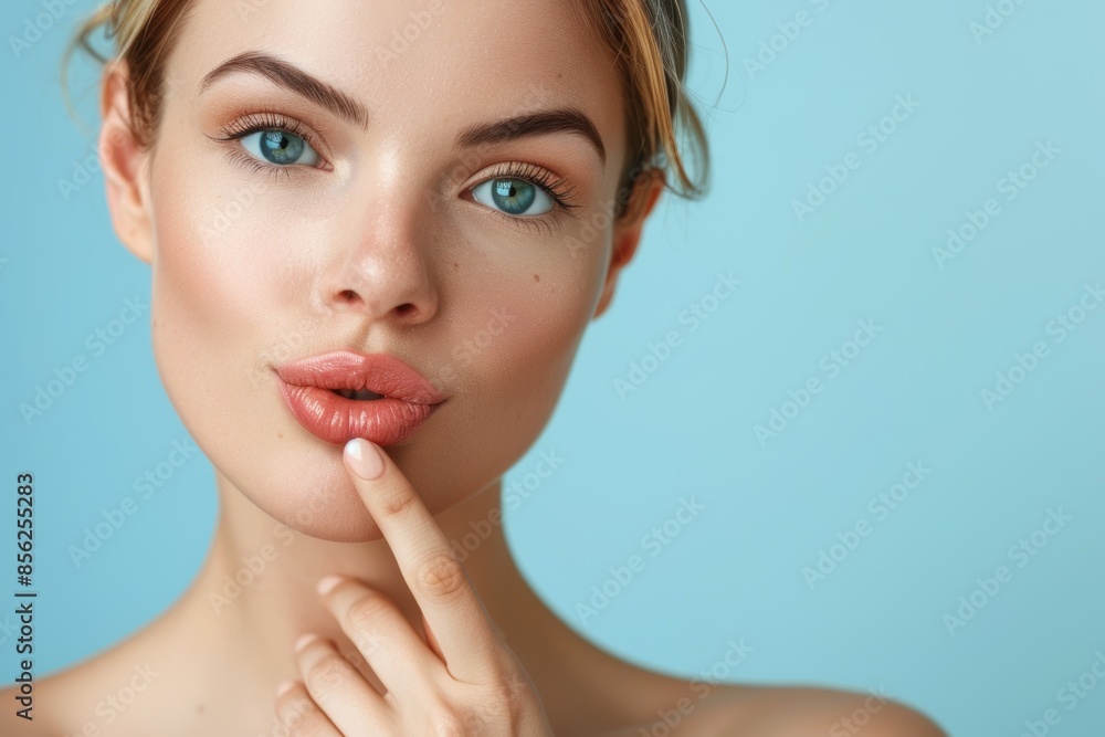 close-up of a young lady with gorgeous lips on a blue backdrop close-up of a young lady with gorgeous lips on a blue backdrop
