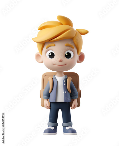 Cute Blond Boy Going to School with a Backpack in a 3D Render Cartoon Chibi Illustration, Isolated on Transparent Background, PNG