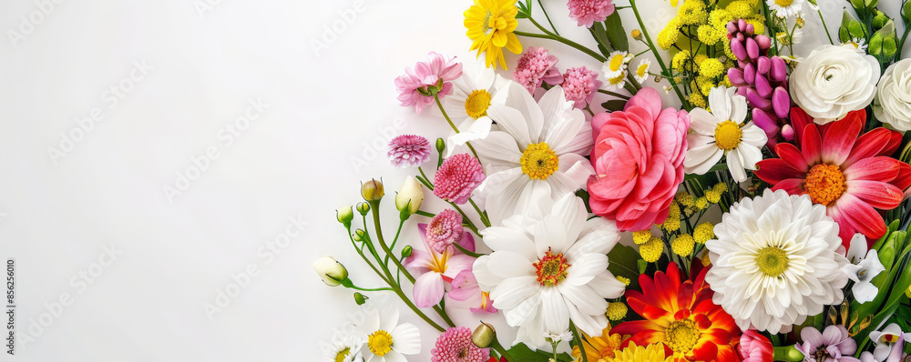 Mother's Day background with a bouquet of mixed spring flowers on a white background. Mother's Day background with a bouquet of mixed spring flowers on a white background.