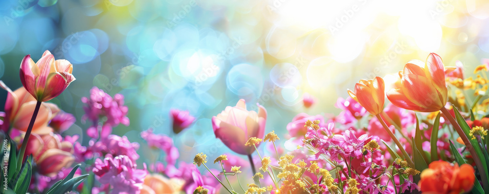 Mother's Day background with a bright, sunny day in a flower garden. Mother's Day background with a bright, sunny day in a flower garden.