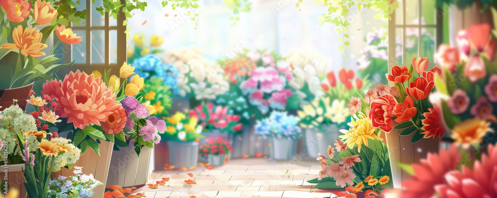 Mother's Day background with a light, airy scene of a flower market stall. Mother's Day background with a light, airy scene of a flower market stall.