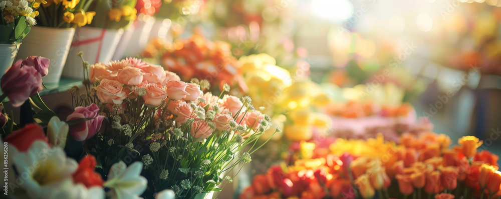 Mother's Day background with a light, airy scene of a flower market stall. Mother's Day background with a light, airy scene of a flower market stall.