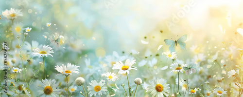 Mother's Day background with a light blue and yellow color scheme featuring daisies and butterflies.