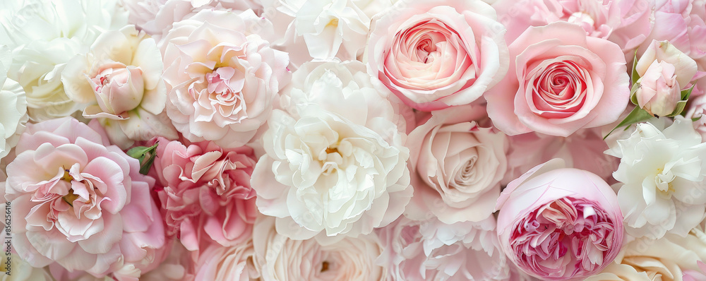 Mother's Day background with a pink and white color scheme featuring roses and peonies. Mother's Day background with a pink and white color scheme featuring roses and peonies.