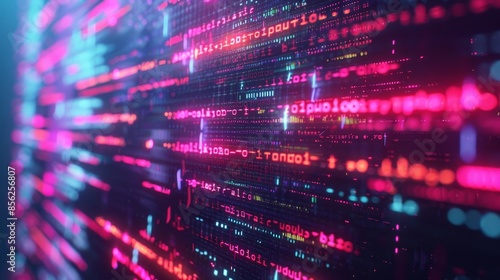Optimized Metadata: Close-up of smart contract code on digital screen, neon lines representing connectivity. © Working Moments
