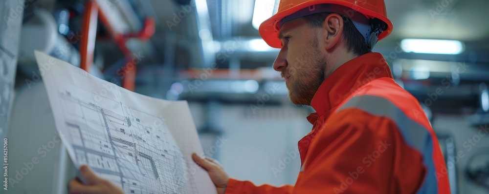 custom made wallpaper toronto digitalProfessional safety engineer planning secure installations with fire alarm system blueprint, leaving ample copy space.