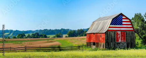 National Flag Day (USA) background with an American flag painted on a rustic wooden barn, surrounded by a rural landscape with fields, trees, and a clear blue sky.