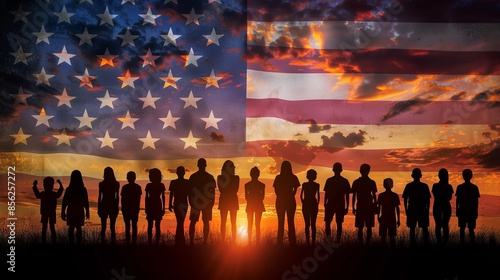 Silhouette of diverse individuals against an American flag at sunset, representing unity and patriotism.