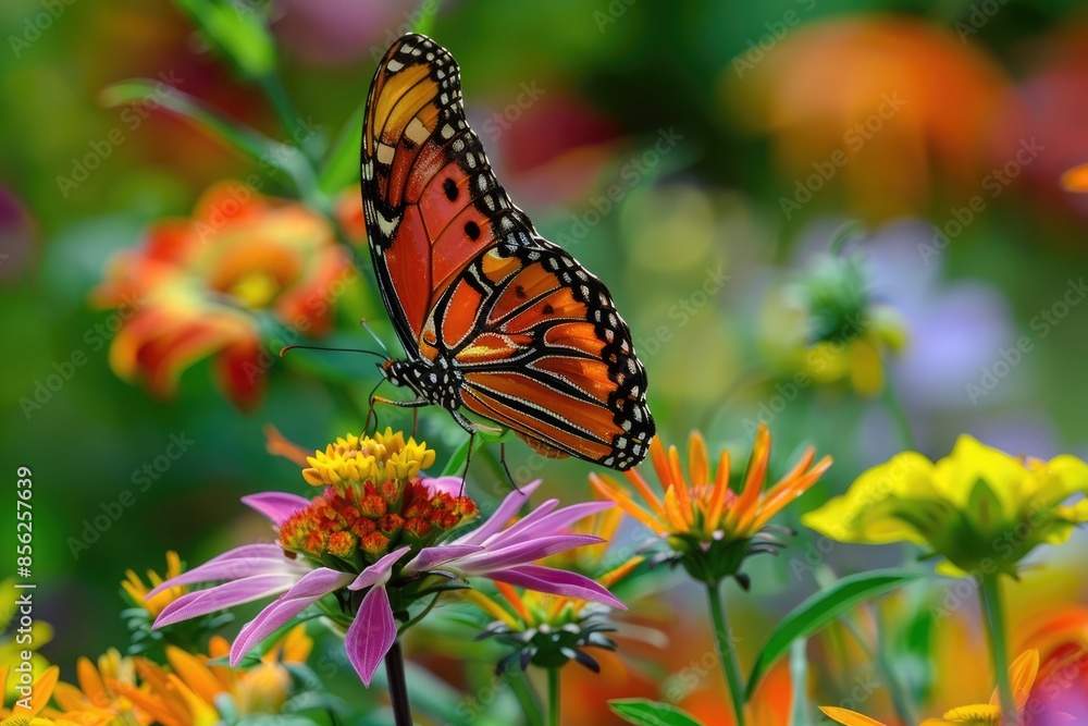 Fototapeta premium A colorful butterfly sipping nectar from a cluster of wildflowers.