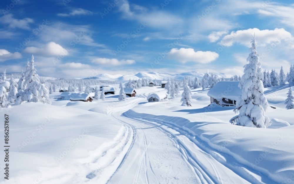 Snow-covered cabins and a winding path amidst a snowy mountain landscape Snow-covered cabins and a winding path amidst a snowy mountain landscape