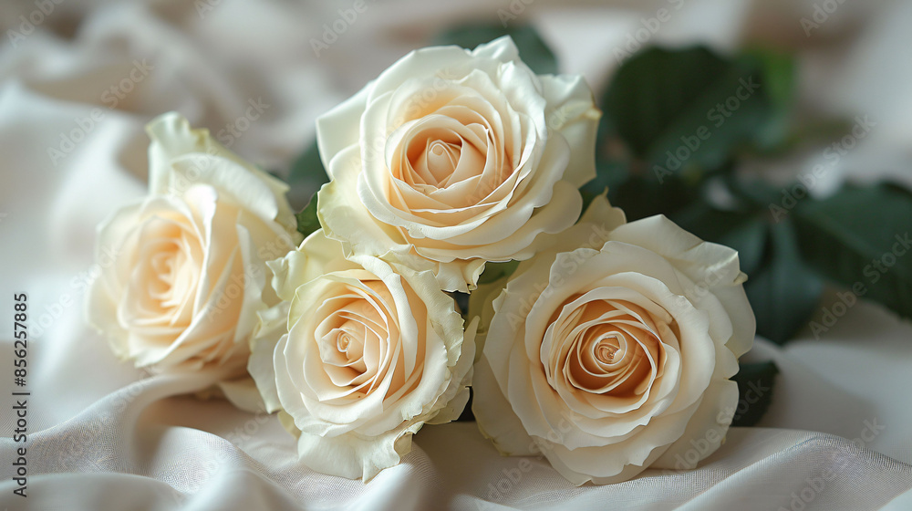 Obraz premium White roses bouquet on white background with soft focus.