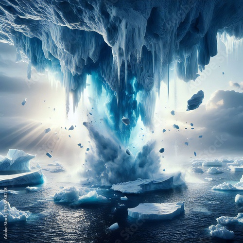 Create a dramatic image of melting polar ice caps with large icebergs breaking apart into the ocean, showcasing the impact of global warming. photo